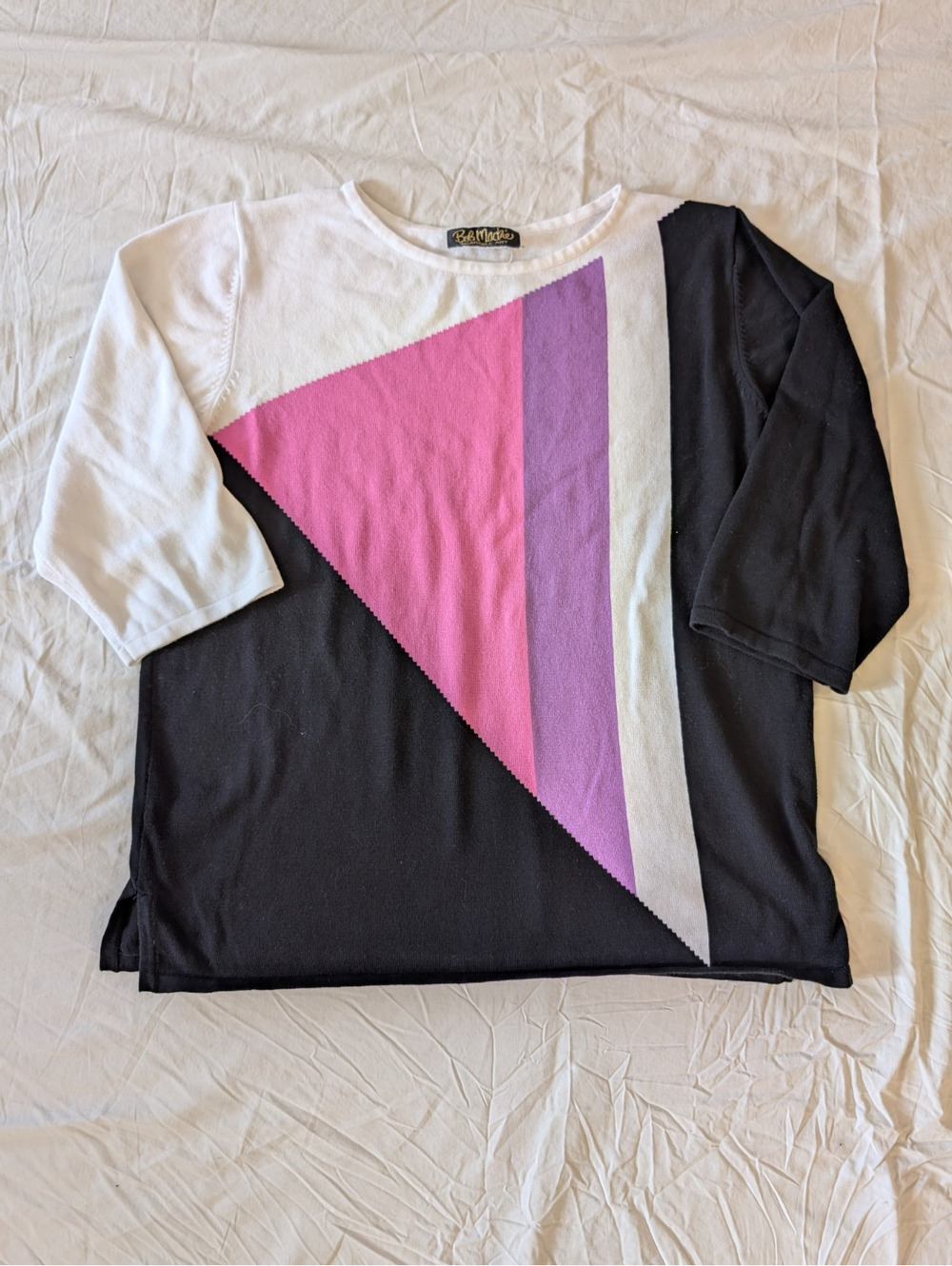 Bob Mackie Wearable Art Colorblock Sweater Geometric Pink Purple Black White